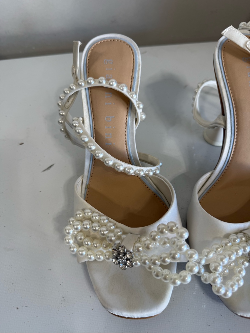 Gianni Bini White Pearl-Embellished Strappy Heels